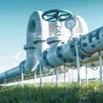 Un oléoduc avec des éoliennes en arrière-plan, illustrant les défis et les acteurs impliqués dans la transition vers les sources d'énergie renouvelables.