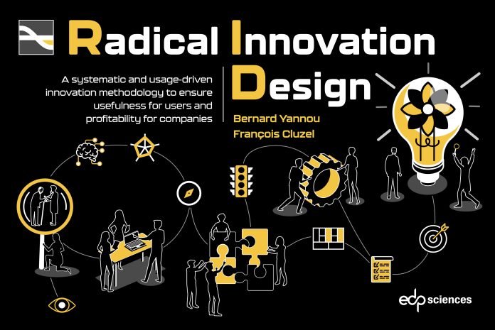 L'image montre la couverture d'un livre électronique intitulé "Radical Innovation Design", rédigé par Bernard Yannou et François Cluzel. Il présente une représentation graphique de divers concepts liés à l'innovation et au design.