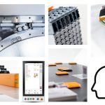 Un collage présentant les composants d'un système de fabrication automatisé, notamment un mécanisme de convoyeur, un capteur, une interface informatique et des pièces robotiques. L'angle inférieur droit présente une tête stylisée avec des circuits étiquetés « IA », symbolisant l'incorporation de l'intelligence artificielle pour une automatisation améliorée.