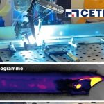 Un bras de robot industriel effectuant des tests thermiques sur des composants métalliques, affiché à côté d'une image thermographique montrant la répartition de la chaleur en violet, bleu et jaune. le logo du Cetim est visible en haut à droite.