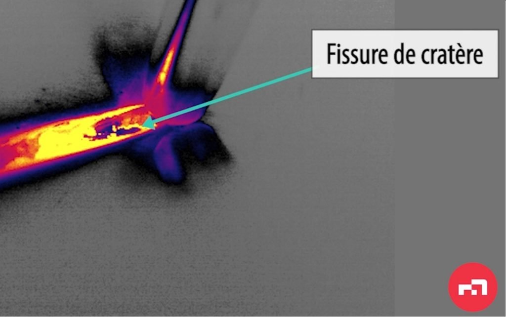 Image thermique d'une fissure volcanique intitulée « fissure de cratère », mise en évidence par des couleurs orange et rouge vibrantes sur un fond en niveaux de gris, avec une flèche pointant vers l'élément.