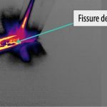 Image thermique d'une fissure volcanique intitulée « fissure de cratère », mise en évidence par des couleurs orange et rouge vibrantes sur un fond en niveaux de gris, avec une flèche pointant vers l'élément.