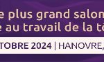 Bannière promouvant EuroBLECH 2024, un événement axé sur le travail des tôles, se déroulant du 22 au 25 octobre 2024 à Hanovre, Allemagne. Texte rédigé en français et images de bras robotiques travaillant sur des tôles auto-manipulées.