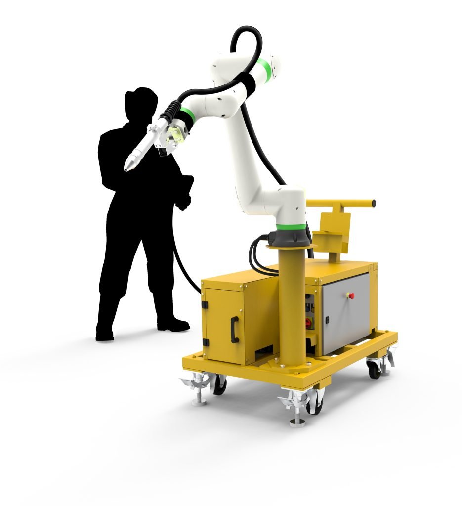 Un bras robotisé jaune est monté sur une base mobile à roulettes, positionné devant une silhouette tenant un câble. Cette configuration innovante évoque un environnement industriel ou de fabrication, mettant en valeur les avancées de la robotique et de la technologie du soudage.