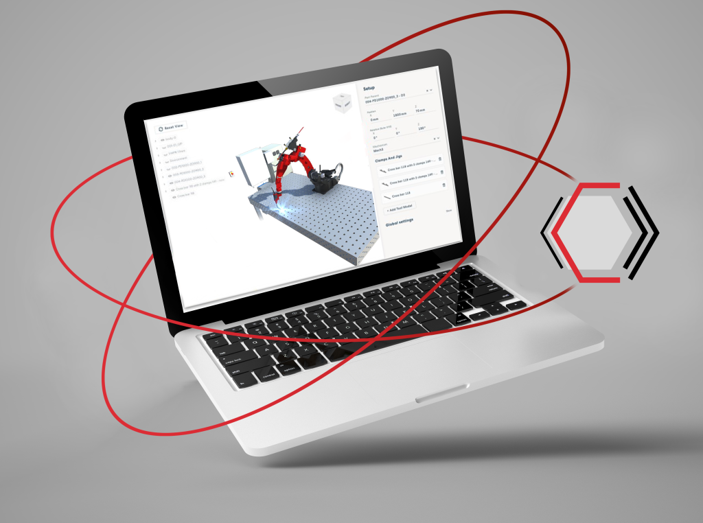 Un ordinateur portable affichant l'écran d'un logiciel de modélisation 3D est présenté sur un fond gris. Des lignes courbes rouges entourent l'ordinateur portable, tandis qu'un graphique hexagonal innovant se dresse bien en évidence sur la droite.