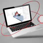 Un ordinateur portable affichant l'écran d'un logiciel de modélisation 3D est présenté sur un fond gris. Des lignes courbes rouges entourent l'ordinateur portable, tandis qu'un graphique hexagonal innovant se dresse bien en évidence sur la droite.