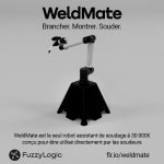 Un bras robotisé sur un socle noir est présenté sur un fond uni. Le texte ci-dessus indique « WeldMate. Brancher. Montrer. Souder ». Ci-dessous, WeldMate est présenté comme une solution de soudage robotisé sans code, proposée au prix de 30 000 €.