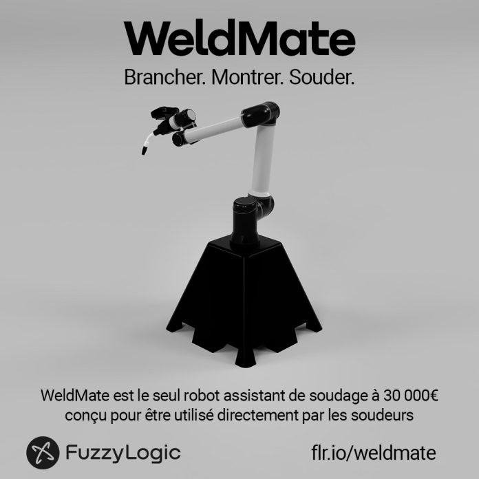 Un bras robotisé sur un socle noir est présenté sur un fond uni. Le texte ci-dessus indique « WeldMate. Brancher. Montrer. Souder ». Ci-dessous, WeldMate est présenté comme une solution de soudage robotisé sans code, proposée au prix de 30 000 €.