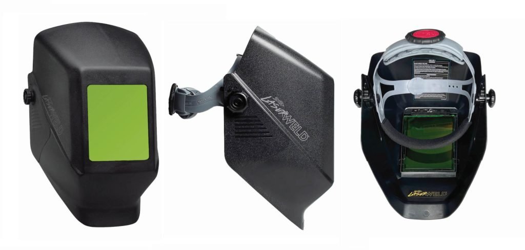 Trois vues d'un casque de soudage noir : de face, de côté avec visière relevée et de l'intérieur montrant les sangles et les commandes. Le casque est doté d'une fenêtre de visualisation rectangulaire teintée en vert, idéale pour les applications laser ou laser de pointe.