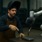 Un homme portant des gants de soudage, une chemise foncée et un tablier marron pointe du doigt une pièce métallique sur une table de travail tandis qu'une solution de soudage robotisée fonctionne à proximité, présentant une technologie de pointe pour les PME dans un atelier industriel.