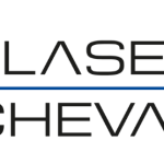 Logo Laser Cheval avec un design abstrait bleu à gauche, un texte noir indiquant « LASER CHEVAL » au centre et un logo triangulaire rouge avec « LASEA Laser Innovation » à droite.