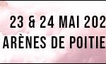 Bannière du Championnat de France de Soudure 2025 aux Arènes de Poitiers les 23 et 24 mai. À droite, deux personnes en tenue de soudage apparaissent comme capturées dans un croquis de « brouillon auto » ; les logos de l'événement et des sponsors sont à gauche.