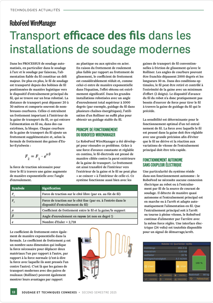 Une page de magazine en langue française explore le transport des fils dans les installations de soudage modernes, avec un diagramme du système RoboFeed WireManager, un tableau de données, des images du produit et des explications techniques détaillées.