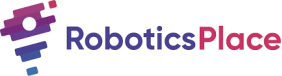 Un logo avec un engrenage stylisé violet et rose et un circuit sur la gauche, à côté des mots "Robotics Place" dans une police dégradée bleue et rose sur un fond blanc.