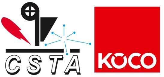 Deux logos côte à côte : à gauche, un logo abstrait noir et rouge avec les lettres "CSTA" ; à droite, un carré rouge plein avec "KOCO" en lettres blanches grasses, rappelant le style épuré du logo d'Air Liquide.