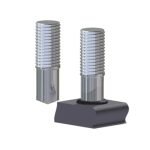 Rendu numérique de deux goujons filetés en métal, illustrant le concept de soudage de goujons. L'un se tient debout dans une base rectangulaire, l'autre verticalement à côté, tous deux avec des tiges partiellement filetées et des surfaces réfléchissantes.