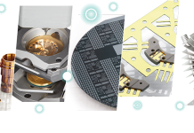 Un collage présentant des pièces métalliques usinées, un dispositif semi-conducteur, une plaquette de silicium avec des circuits, un composant électronique sur un circuit imprimé en or, et un dissipateur thermique métallique radial - mettant en valeur les technologies de la précision à Micronora 2026.