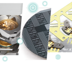 Collage de cinq images représentant des composants électroniques et industriels, notamment des connecteurs métalliques, des puces semi-conductrices, une plaquette de silicium, des pièces de circuits imprimés et un dissipateur thermique métallique - mettant en valeur les technologies de la précision à Micronora 2026.