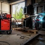 Un ouvrier portant un équipement de protection soude une grande structure métallique à l'intérieur d'un entrepôt industriel. Une machine à souder rouge portant l'inscription "Fronius" est reliée à la structure par des câbles. La lumière du soleil pénètre par une porte ouverte.