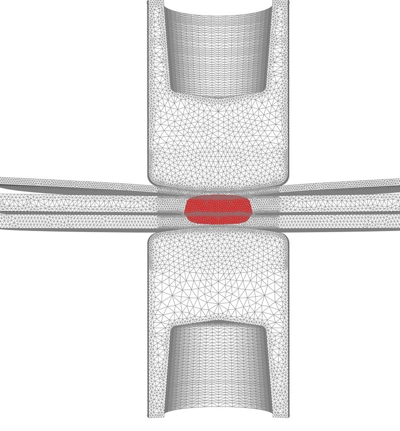 Un diagramme de maillage filaire, marqué comme un Brouillon auto, montre une coupe transversale d'une structure avec un tube horizontal central coupé par un canal vertical et une forme ovale rouge à l'intersection.