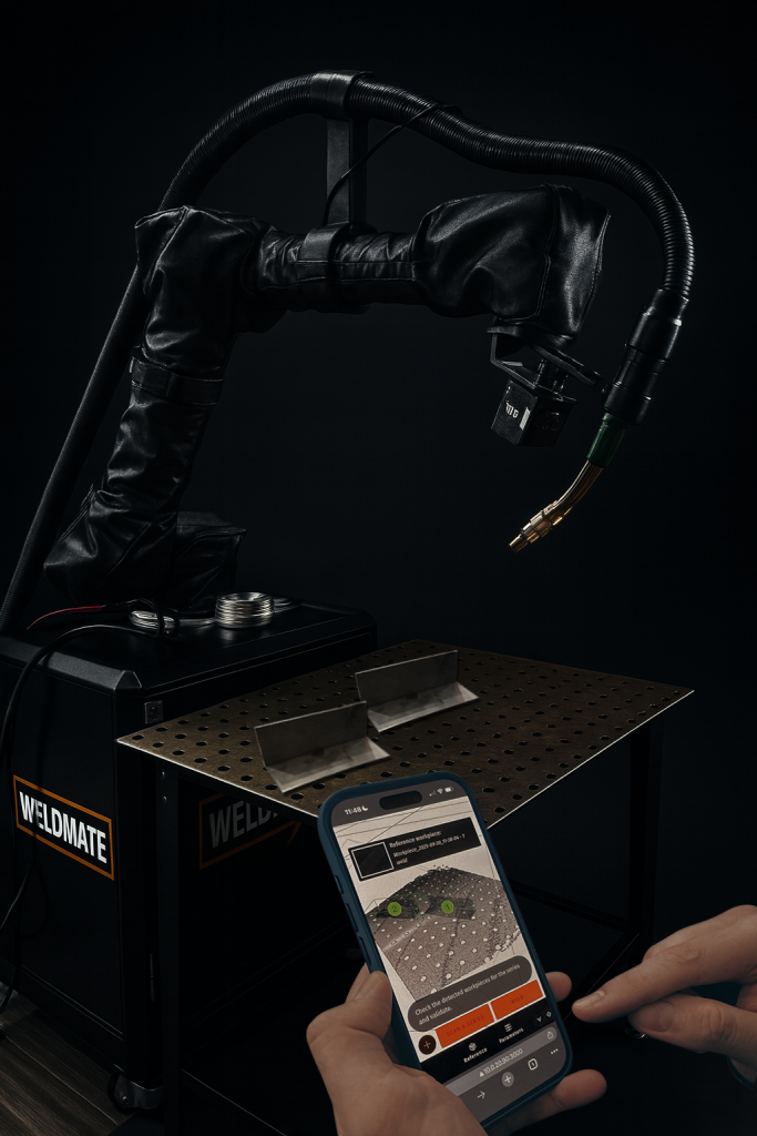 Une personne tient un smartphone affichant une application de soudage devant un robot de soudage automatisé et une table de travail en métal avec des pièces métalliques, soulignant l'engagement de WELDMATE pour la formation des soudeurs dans l'industrie moderne.