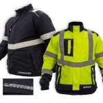 Deux vestes de travail sont représentées : l'une noire avec des bandes réfléchissantes, l'autre jaune avec des accents noirs et des bandes réfléchissantes. Un encart présente des symboles indiquant les normes de sécurité pour les vestes.