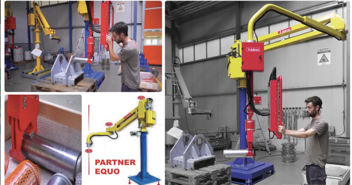 Dans un entrepôt, un homme utilise un bras de levage industriel jaune et rouge pour manipuler une lourde pièce métallique. Des encarts plus petits montrent des gros plans de la machine, une démonstration et un diagramme technique.