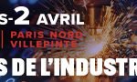 Bannière pour l'événement Global Industrie, organisé du 30 mars au 2 avril 2026 à Paris Nord Villepinte, avec un texte offrant un badge gratuit. L'arrière-plan présente une imagerie industrielle, un motif de circuit numérique et de subtils détails "Brouillon auto".