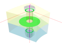Diagramme 3D d'un boulon traversant deux blocs de couleurs différentes et deux rondelles vertes, avec des lignes d'axe rouges et violettes se croisant au centre du boulon.