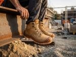 Une personne portant des bottes de travail et un pantalon sombre est assise sur une poutre en acier sur un chantier de construction, avec de la terre, des matériaux de construction et une structure partiellement construite visible à l'arrière-plan.