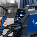 Une personne tient une torche de soudage TIG connectée à un générateur Böhler CORE TIG bleu, affichant "90" sur son écran numérique - parfait pour des travaux de soudage TIG à haute précision.
