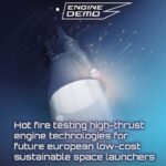 Affiche représentant une tuyère de moteur-fusée avec des graphiques en forme de circuit, un texte promouvant les technologies de moteurs à forte poussée pour les lanceurs spatiaux européens durables et à faible coût, et un logo financé par l'Union européenne en bas de l'affiche.