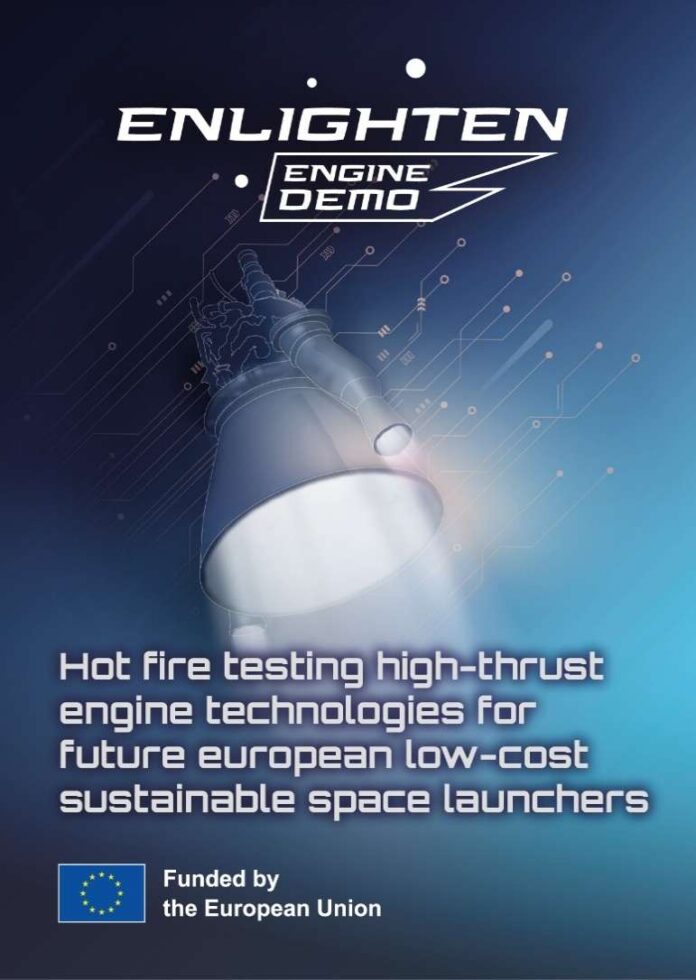 Affiche représentant une tuyère de moteur-fusée avec des graphiques en forme de circuit, un texte promouvant les technologies de moteurs à forte poussée pour les lanceurs spatiaux européens durables et à faible coût, et un logo financé par l'Union européenne en bas de l'affiche.