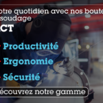 Un soudeur travaille dans un atelier. Un texte en français fait la promotion des bouteilles de gaz de soudage compactes d'Air Liquide, en soulignant les avantages tels que la productivité, l'ergonomie et la sécurité. Une image d'une bouteille de gaz est présentée à gauche.