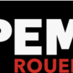 L'image représente le logo du SEPEM Rouen, avec « SEPEM » en grandes lettres blanches et « ROUEN » en lettres rouges plus petites en dessous, à côté d'un hexagone blanc renfermant un hexagone rouge, près du coin supérieur droit. Le fond est noir.