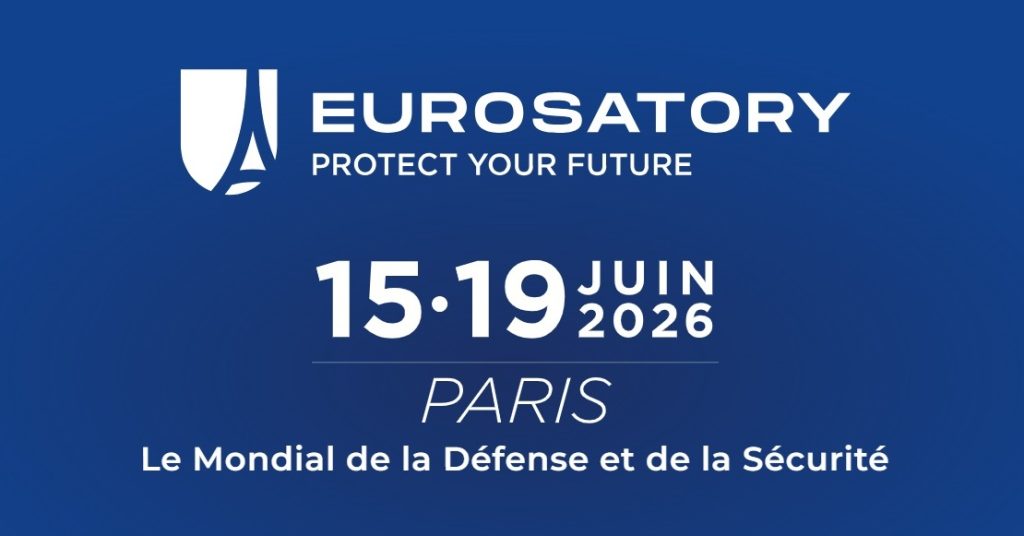 Illustration bleue reprenant le logo d'Eurosatory 2026, le slogan « EUROSATORY PROTECT YOUR FUTURE », les dates de l'événement « 15-19 juin 2026 », le lieu (Paris) et le slogan « Le Mondial de la Défense et de la Sécurité ».