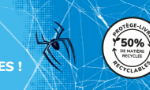 Une bannière présentant le logo de Handicap International, un texte en français sur les super-héros et les livres, une araignée, un badge circulaire indiquant une réduction de 50 % pour la campagne « Protège le livre 2026 », une urne de dons et une image de Spider-Man accompagnée du logo Spider-Man.