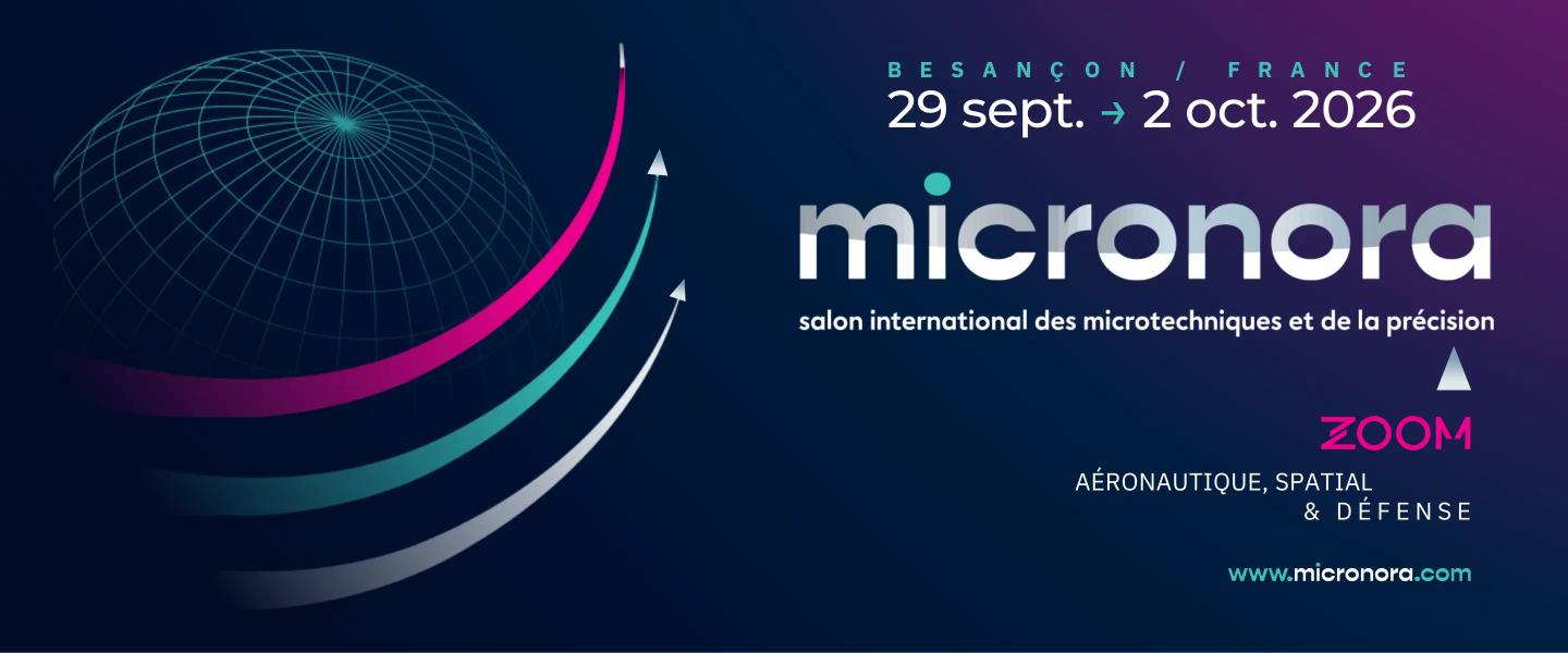 Bannière pour MICRONORA 2026, le salon international des microtechniques et de la précision qui se tiendra à Besançon, en France, du 29 septembre au 2 octobre, avec des arcs graphiques et les détails de l'événement sur fond sombre.