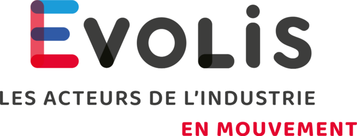 Logo Evolis avec le slogan « LES ACTEURS DE L'INDUSTRIE » en gris et « EN MOUVEMENT » en rouge, sur un fond gris clair. Le « E » d'Evolis est stylisé en bleu et rouge.