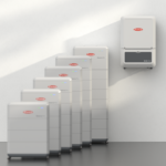 Six unités de stockage d'énergie blanches sont alignées sur le sol, tandis qu'un appareil mural est placé à droite. Tous les appareils arborent le même logo de marque rouge et blanc ainsi que des voyants lumineux bleus.