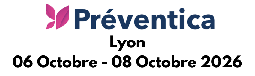 Logo de Préventica Lyon représentant un papillon abstrait aux couleurs rose et violet. En dessous, on peut lire en lettres noires et en gras : « Lyon, du 6 au 8 octobre 2026 », soulignant ainsi la tenue prochaine de l'événement Préventica 2026.