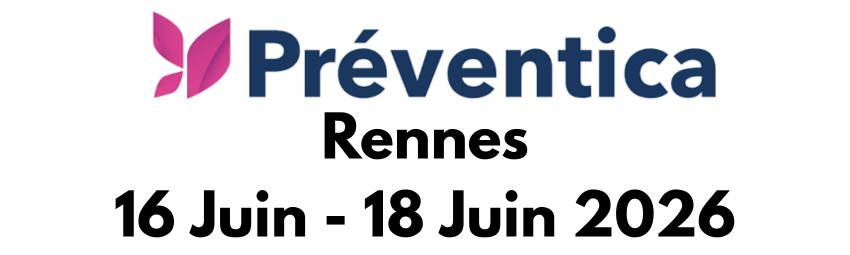 Logo et texte annonçant « Préventica Rennes, du 16 au 18 juin 2026 », avec à gauche un symbole rose ressemblant à un papillon — idéal pour mettre en valeur Préventica Rennes et Préventica 2026.