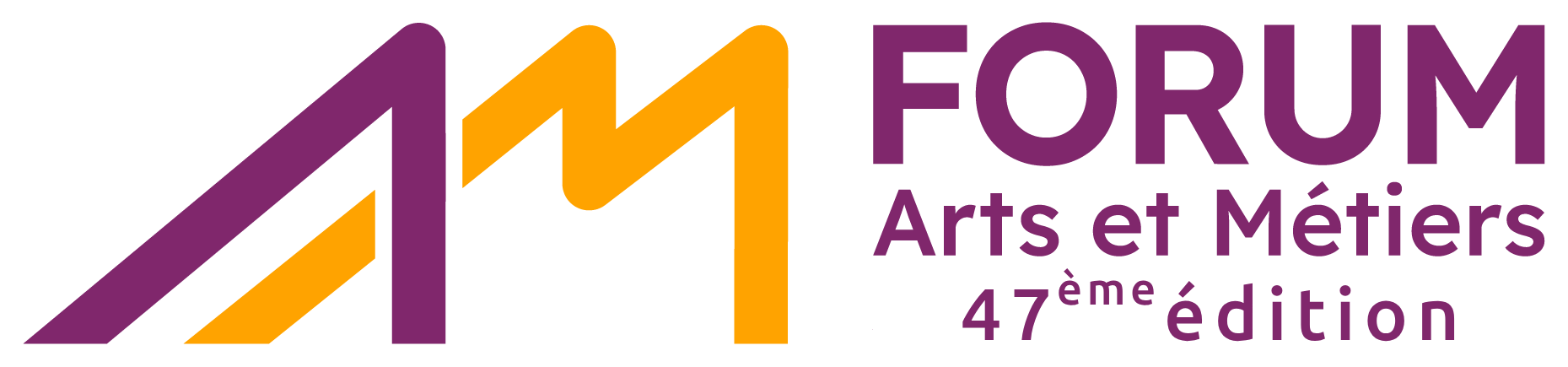 Logo comportant les lettres « AM » stylisées en violet et orange à gauche. À droite, une inscription en violet indique « FORUM Arts et Métiers 47e édition ». Ce visuel met en avant le Forum Arts et Métiers 2026, alliant une esthétique moderne à la longue tradition de l'événement.