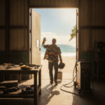 Un homme vêtu d'une chemise à fleurs fait un signe de la main en sortant d'un atelier pour se diriger vers une plage ensoleillée, souhaitant à tout le monde « Bonnes vacances » d'un geste enjoué. Il tient un casque de soudure à la main, et on aperçoit à l'intérieur de l'atelier des établis chargés d'outils. À l'extérieur, les palmiers et l'océan se balancent d'un air invitant.