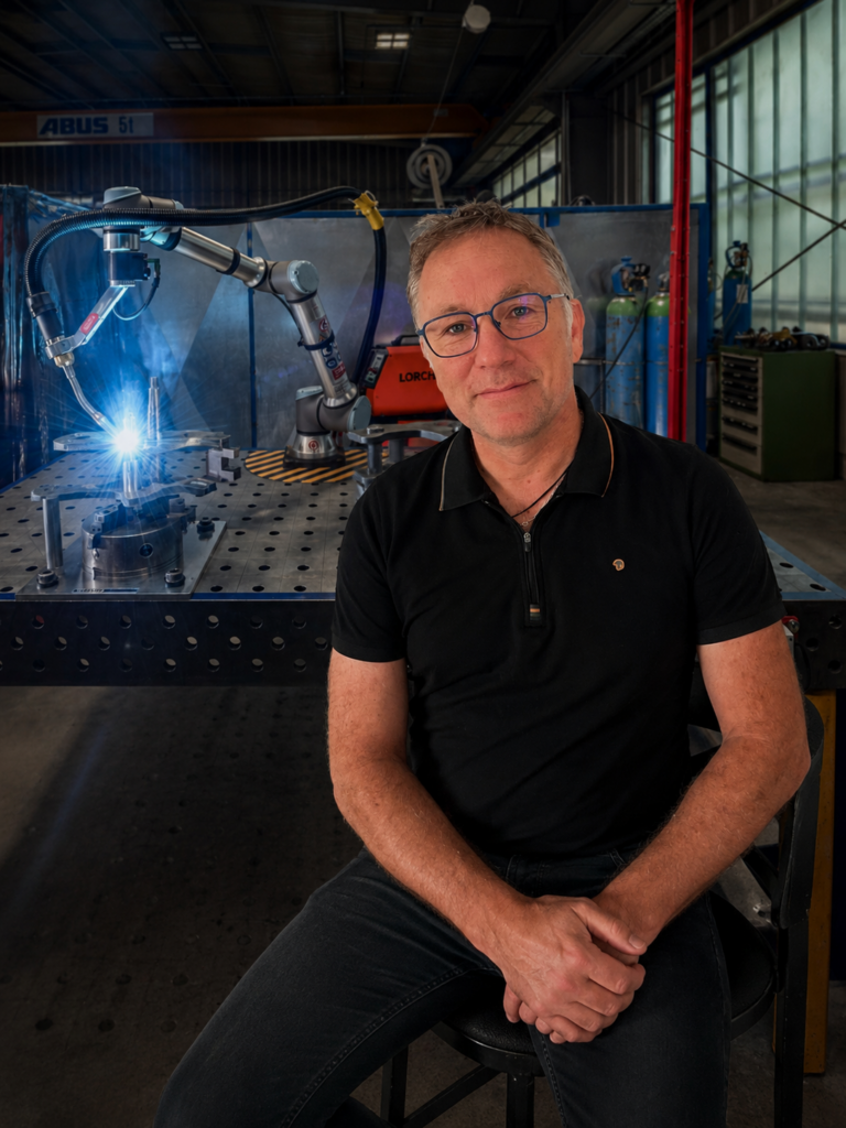 Un homme portant des lunettes et une chemise noire est assis sur un tabouret dans une usine. Derrière lui, un bras robotisé effectue des travaux de soudure sur une table métallique, alliant à la perfection l'intelligence artificielle de pointe et le soudage manuel traditionnel, tandis que des étincelles brillantes illuminent la pièce. L'espace de travail est rempli d'équipements et d'outils industriels.