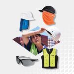 Un collage représentant une femme vêtue d'un gilet de sécurité et d'un casque de chantier, entourée d'équipements de sécurité, notamment un casque de chantier, des lunettes de protection, un gilet haute visibilité, une casquette blanche et un cache-cou orange, le tout sur fond blanc.