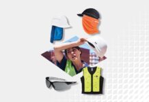 RS France organise la valorisation des EPI avec Solitex’Oise Un collage représentant une femme vêtue d'un gilet de sécurité et d'un casque de chantier, entourée d'équipements de sécurité, notamment un casque de chantier, des lunettes de protection, un gilet haute visibilité, une casquette blanche et un cache-cou orange, le tout sur fond blanc.