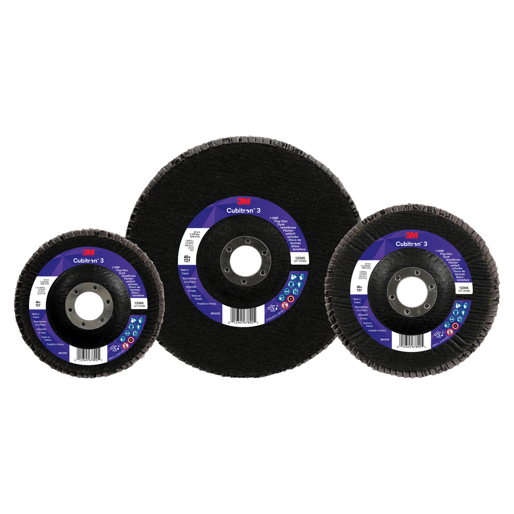 Trois disques à lamelles 3M Cubitron II et Cubitron 3 de différentes tailles sont disposés côte à côte sur un fond blanc, mettant en valeur leurs surfaces abrasives noires et leurs étiquettes bleues comportant les caractéristiques techniques.