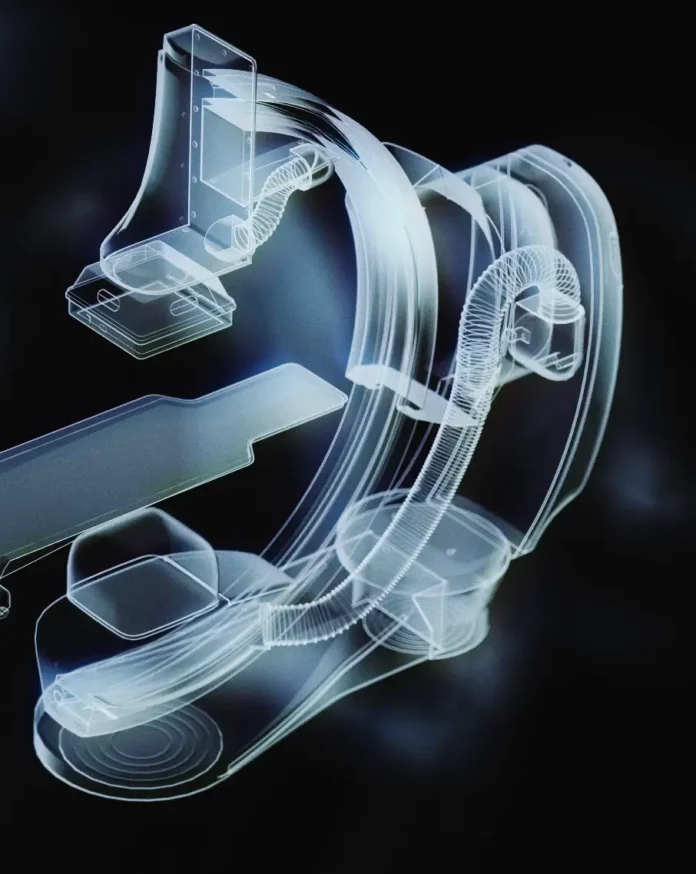 Rendu numérique lumineux d'une structure filaire représentant un système d'imagerie médicale à bras en C.